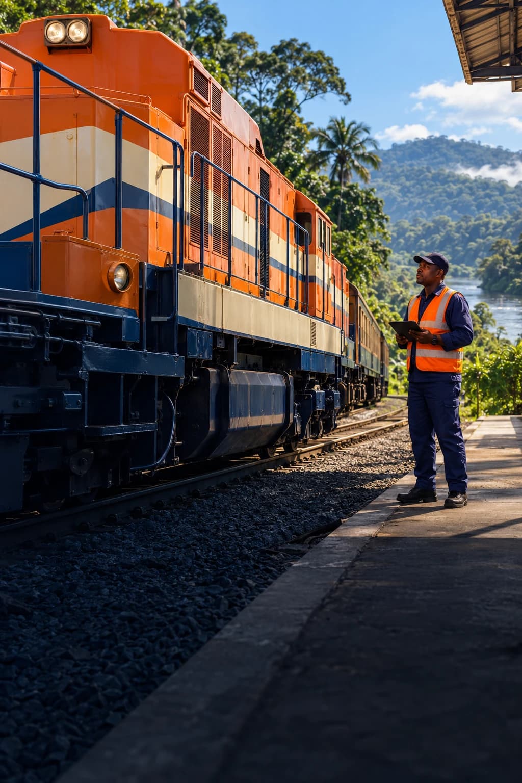 Illustration générée : un agent ferroviaire et une locomotive orange dans un paysage tropical.